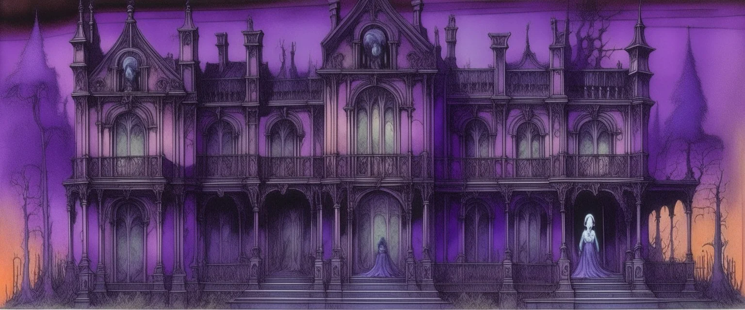 A violet haunted mansion filled with ghosts painted by Leonardo da Vinci