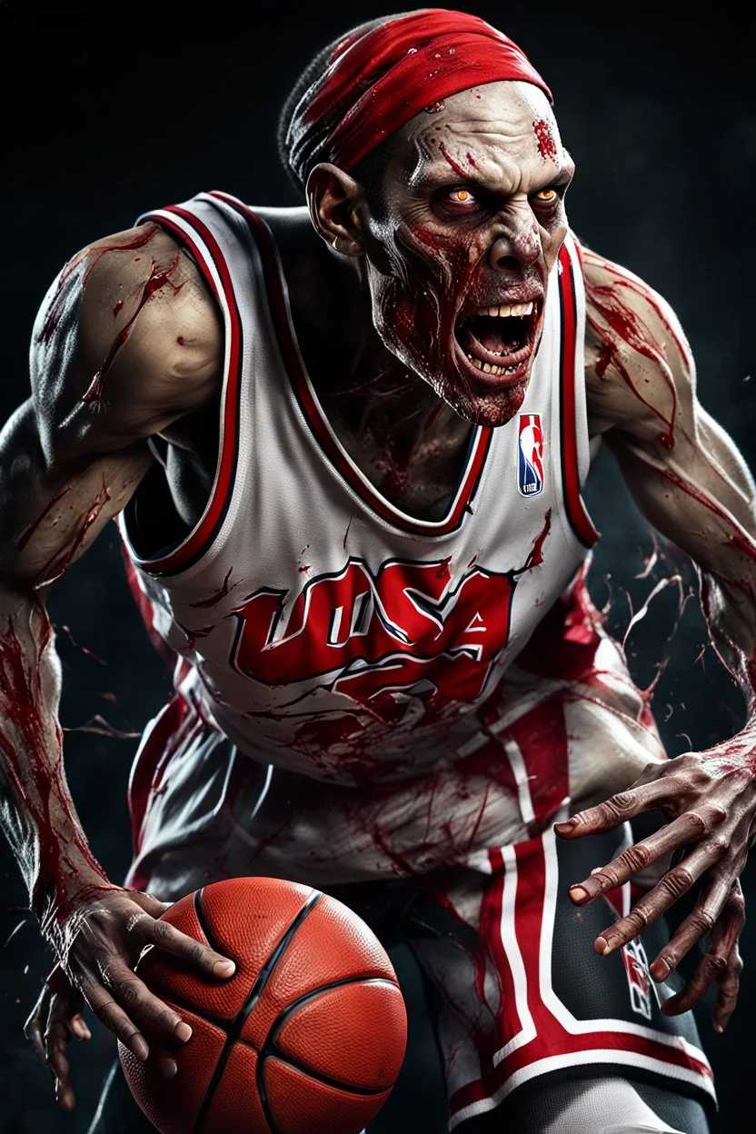 a photorealistic 12k ultra-high-definition rendering of an attractive but mean and cool looking zombie, upclose captured in a dynamic action shot dunking the ball, Wearing a red and white skinny NBA shirt with nail scratch marks, a cool usa sweatband, trendy basketball sneakers, black tights, product photography focus, an explosive and dark background