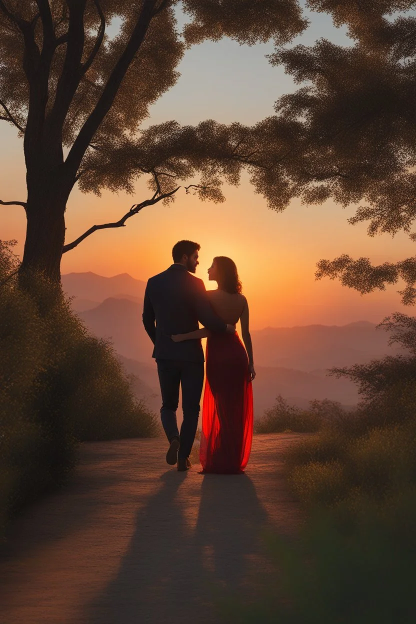 A hyper-realistic,two sunset silhouettes,vivid colors,fantasy,. full size ,Photo Real, HOF, full size, practicality,manufacturability,performance, (((realism, realistic, realphoto, photography, portrait, realistic, elegant, charming, , professional photographer, captured with professional DSLR camera, trending on Artstation, 64k, ultra detailed, ultra accurate detailed, bokeh lighting, surrealism, Thomas Kinkade backgroun