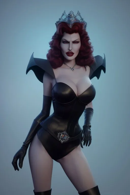 Rita Hayworth as evil queen in black leather, busty, cleavage, curvy, angry, stern look. character design by cory loftis, fenghua zhong, ryohei hase, ismail inceoglu and ruan jia. unreal engine 5, artistic lighting, highly detailed, photorealistic, fantasy