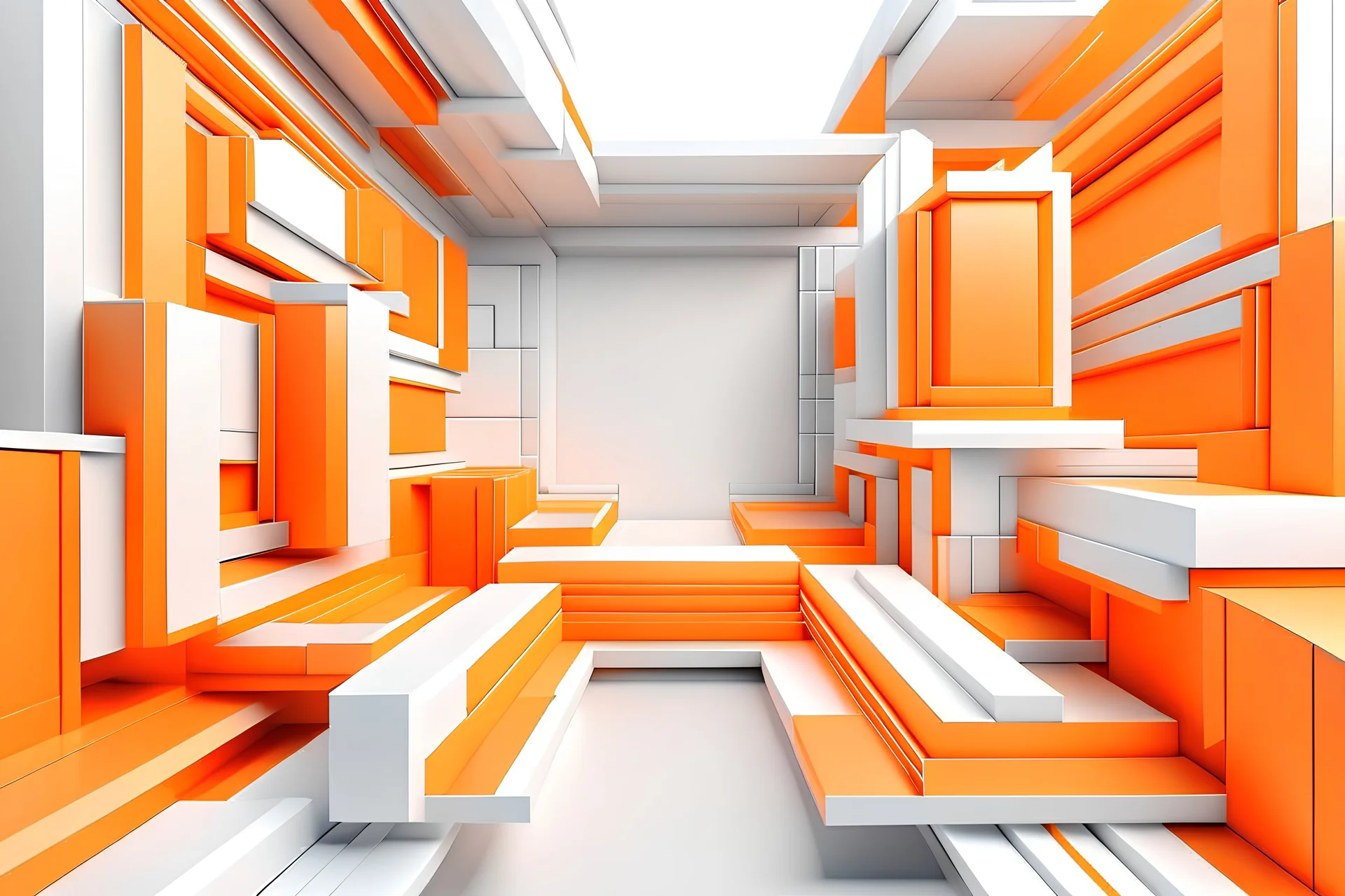 withe background with abstract orange 3d elements, they are located around the perimeter of the image, and the center of the picture remains empty without any elements
