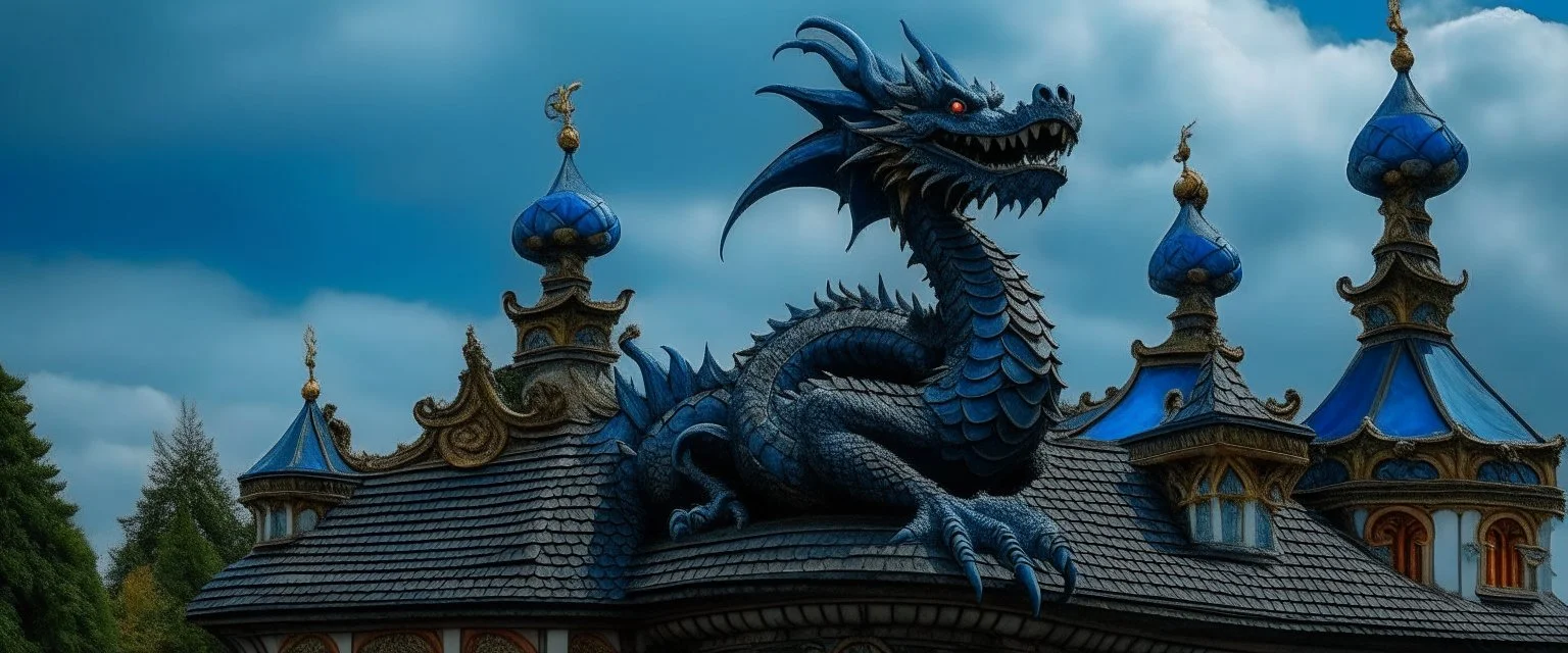 A dark blue dragon on top of a palace painted by Claude Monet