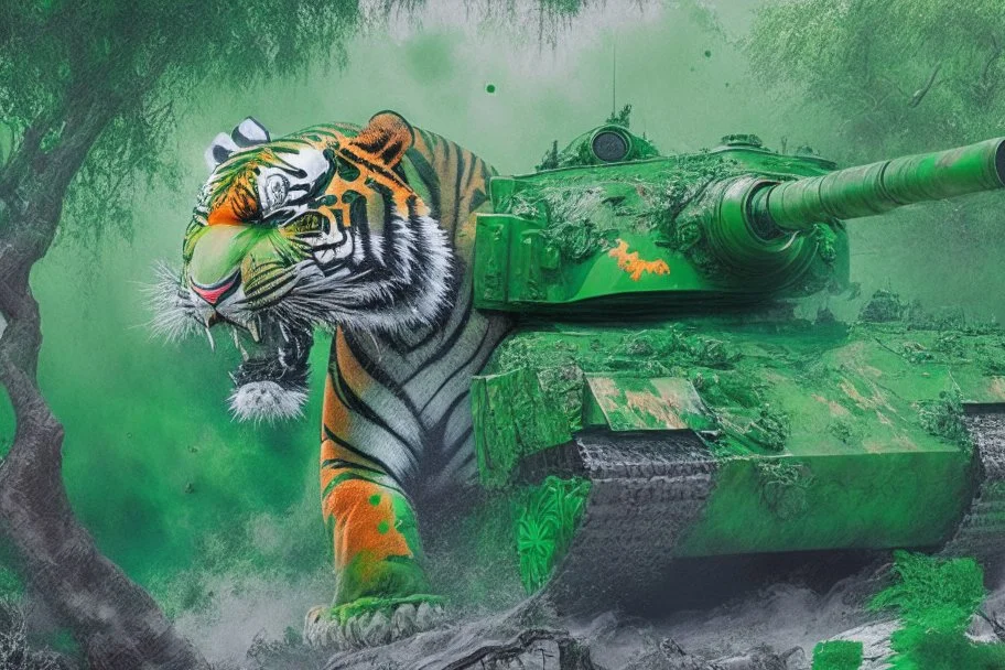 masterpiece, high detail, best quality, Tiger Tank, green paint, comic style