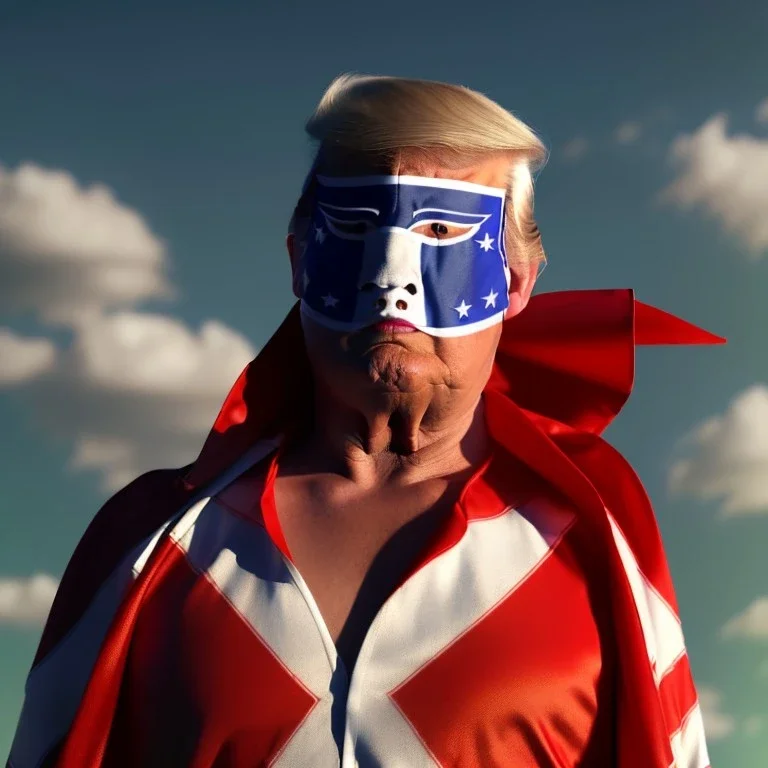 realistic image of donald trump as a mexican wrestling fighter posing outdoors, Mexican eyes wrestling mask, red and blue breeches, confederate flag cape, retro style, 80s, vibrant color, highly detailed, sky background, concept art, unreal engine 5, god rays, ray tracing, RTX, lumen lighting, ultra detail, volumetric lighting, 3d, finely drawn, high definition, high resolution.