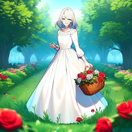 very gorgeous anime girl wearing a yellow and white dress ,standing in a meadow of flowers, spreading rose pedals on the ground. beautiful eyes and a stunning smile, blue eyes, two blue eyes, perfect nose and rosy cheeks and red lips. girl is holding a basket with flowers in it. girl has flawless face