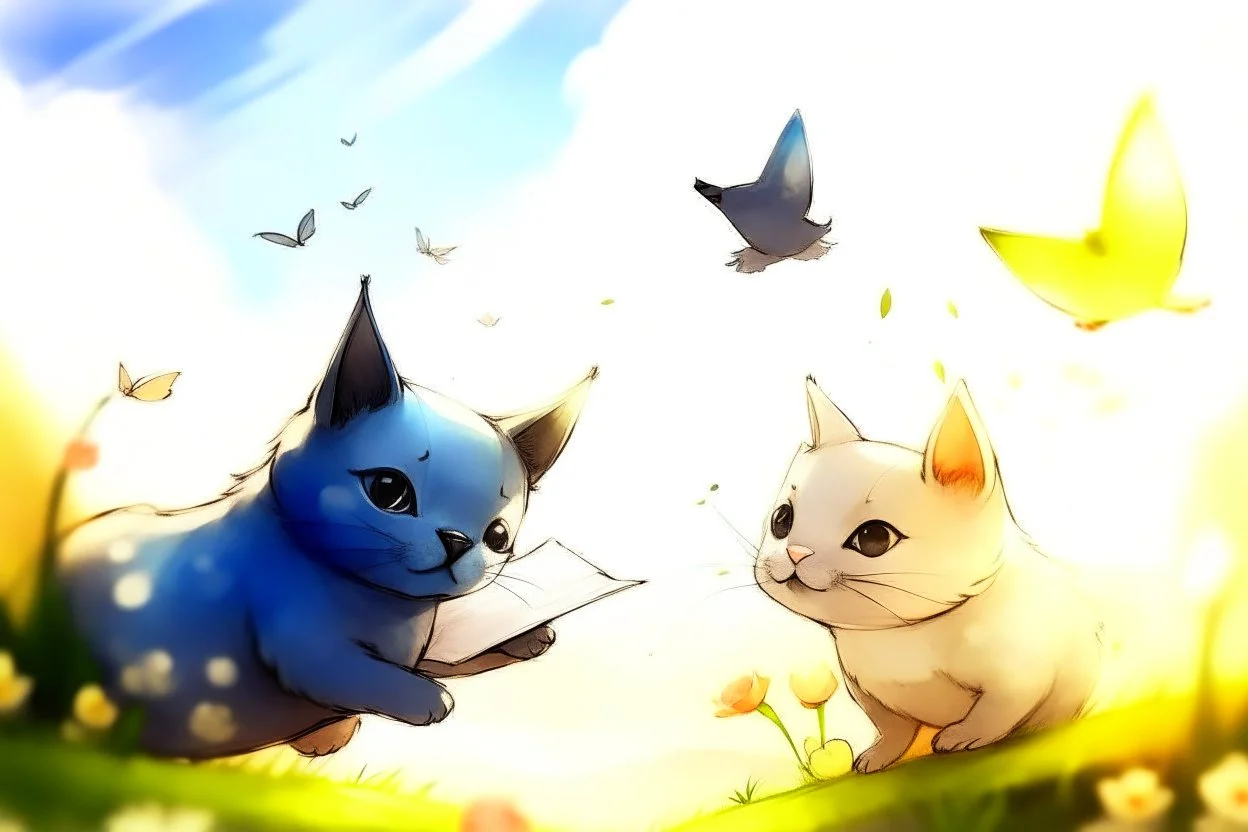 two cute anime chibi cats on either side of the picture looking at a pigeon in the top centre of the picture, flying with an envelope in its mouth in sunshine, flowerfield, watercolor and black ink outlines, ethereal, cinematic postprocessing, bokeh, dof