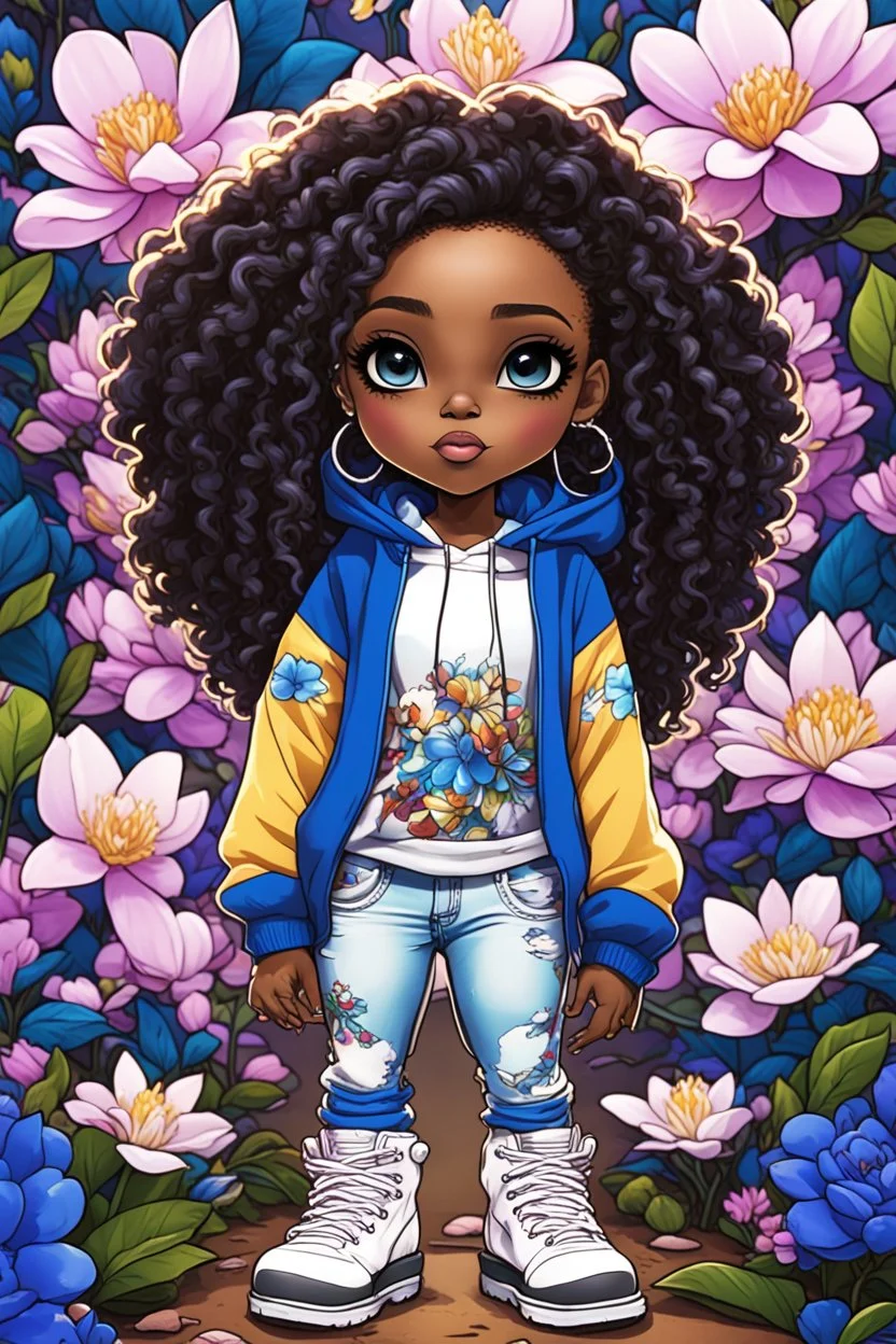 Create an colorful psychedelic comic book illustration of a chibi cartoon black female thick curvy wearing a cut of blue and white hoodie and white jeans and timberland boots. Prominent make up with long lashes and hazel eyes. Highly detailed shiny sister locs. Background of a large blue and white magnolia flowers all around her