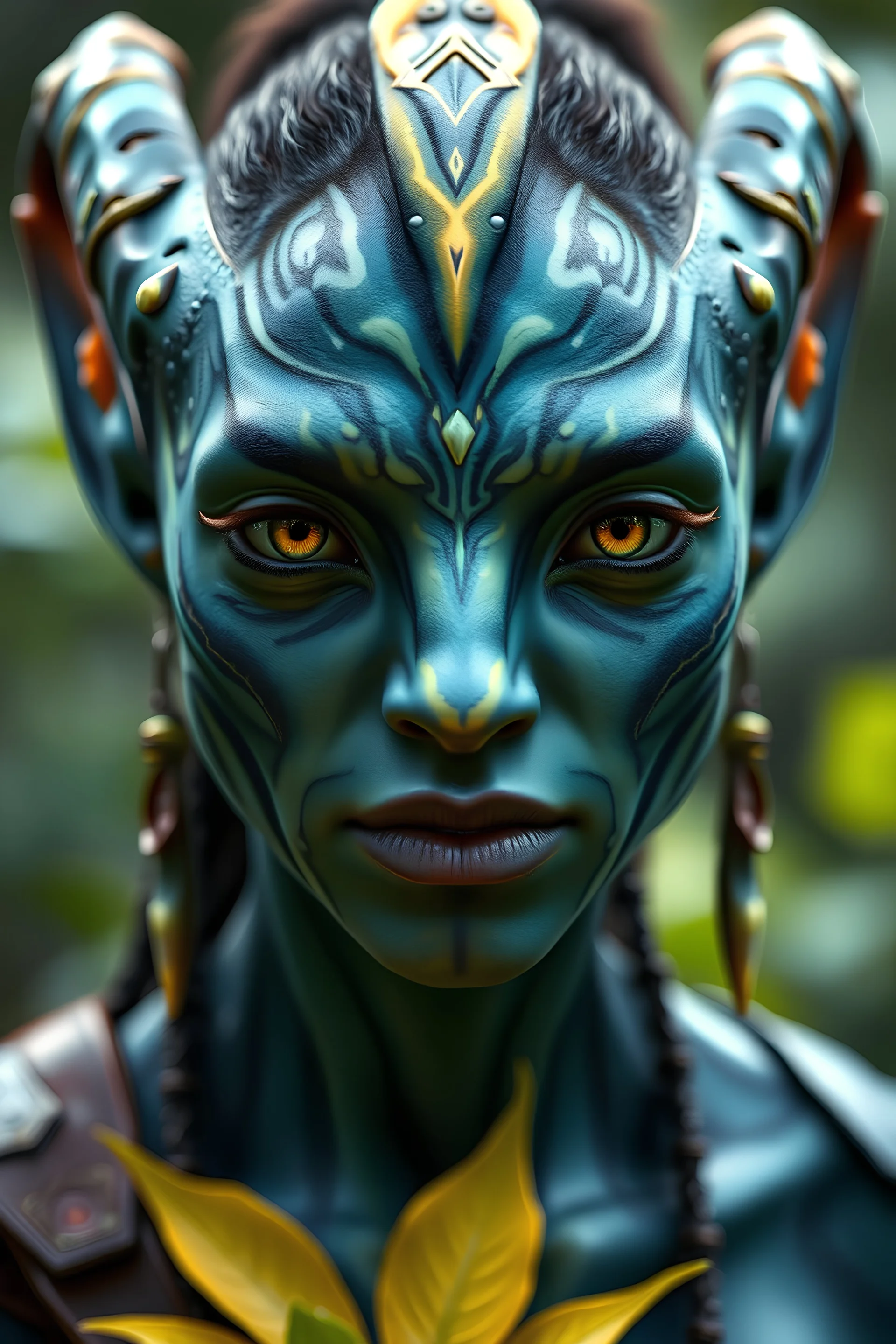 photorealistic portrait of a na'vi from the avatar movies, inspired by the look of the character Kiri, nature elements, sharp and clean image, ultra high definition, 4k