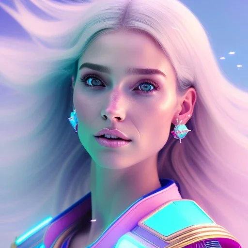 A portrait of a crystalised beautifull girl,smiling, laughting, white longs hairs, atmospheric, realistic,, cinematic lighting, octane render,, pink turquoise light, blue eyes nice, soft face, jewejs brillants