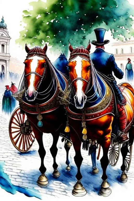 Fiacre, carriage with two horses in Vienna. Aquarell.