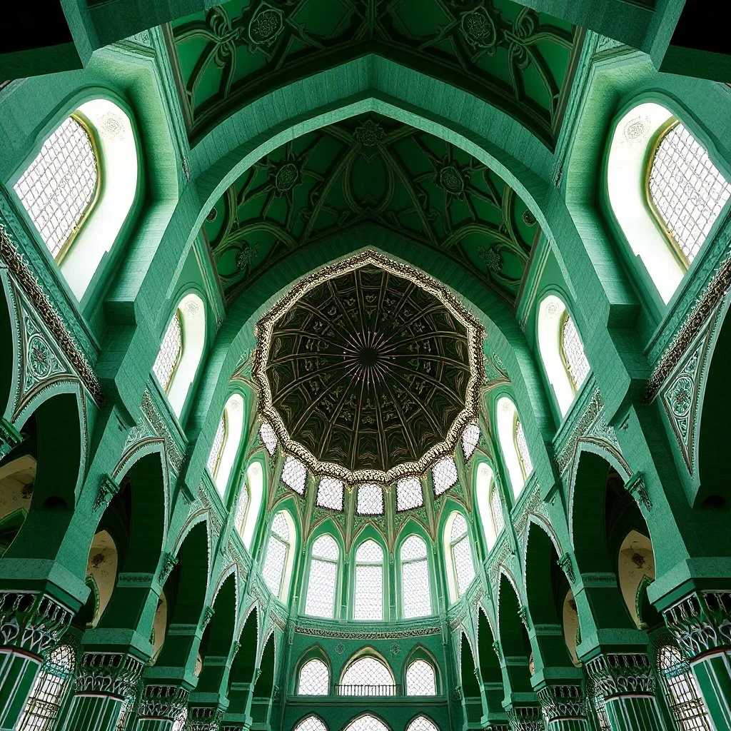 A Dark Green, Light Green & White Aesthetic Looking Islamic Architecture Mosque Interior Crafting Pattern.