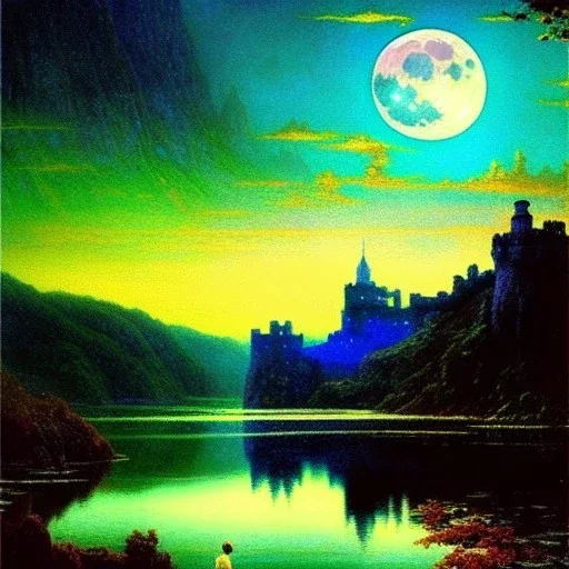 Drawing of 'Medieval Romanian Castle',bats,mountain,lake,full moon, by gaston bussiere, greg rutkowski, yoji shinkawa, yoshitaka amano, tsutomu nihei, donato giancola, tim hildebrandt, oil on canvas, cinematic composition, extreme detail,fit full head inside picture,16k