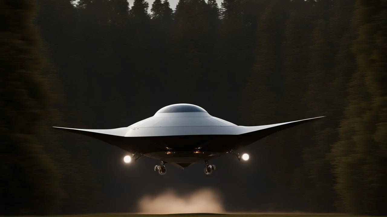 sleek cargo spacecraft landing in a clearing surrounded by trees