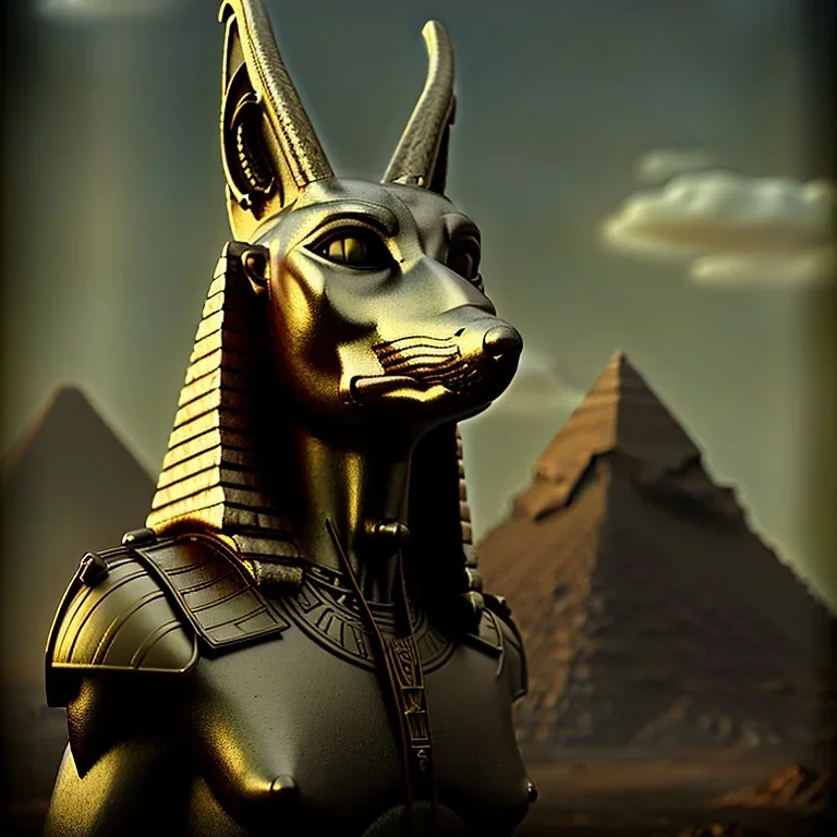 A portrait post-apocalypse of Jackal Egyptian God Anubis ,in the third temple, sci-fi fantasy style, volumetric lighting, particales,highly detailed,cinamatic,8k,3D,gold and black deep colours.