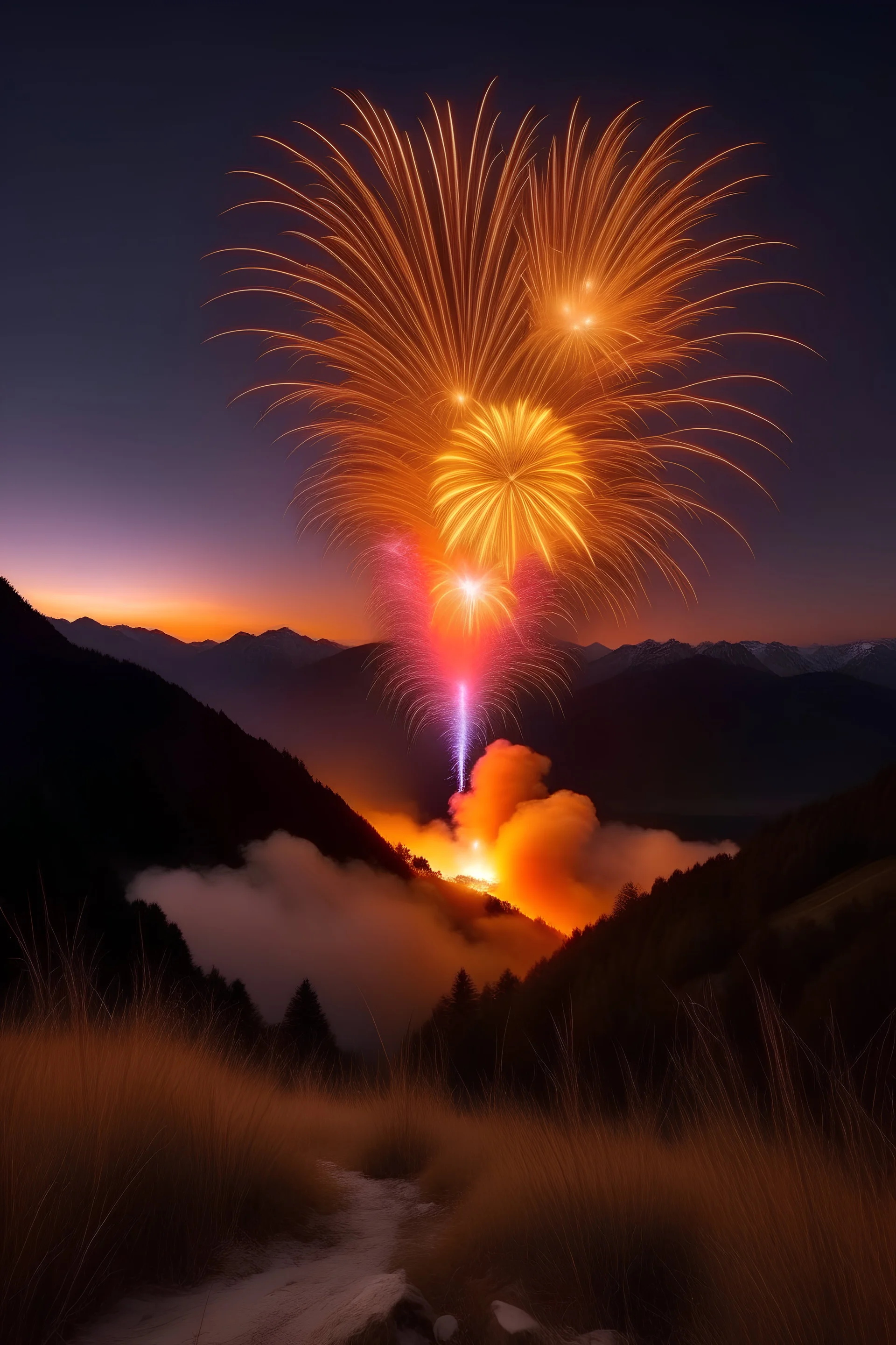 Real light color fireworks, happy new year, spiritual, swiss mountains, real landscape, sirius star