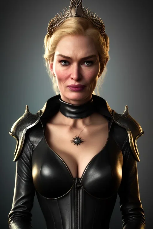 Cersei Lannister as evil queen in black leather, busty, cleavage, curvy, lena headay, angry, stern look. character design by cory loftis, fenghua zhong, ryohei hase, ismail inceoglu and ruan jia. unreal engine 5, artistic lighting, highly detailed, photorealistic, fantasy