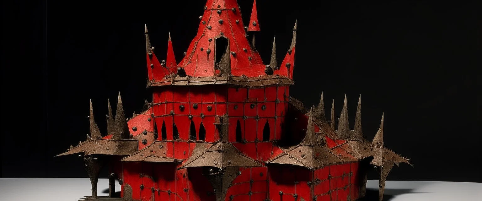 A dark red volcanic iron castle with spikes designed in Chinese paper art painted by Piet Mondrian