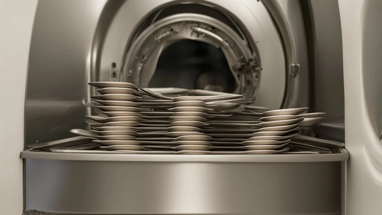 very confused young woman puts 8 metal spoons inside the household dryer