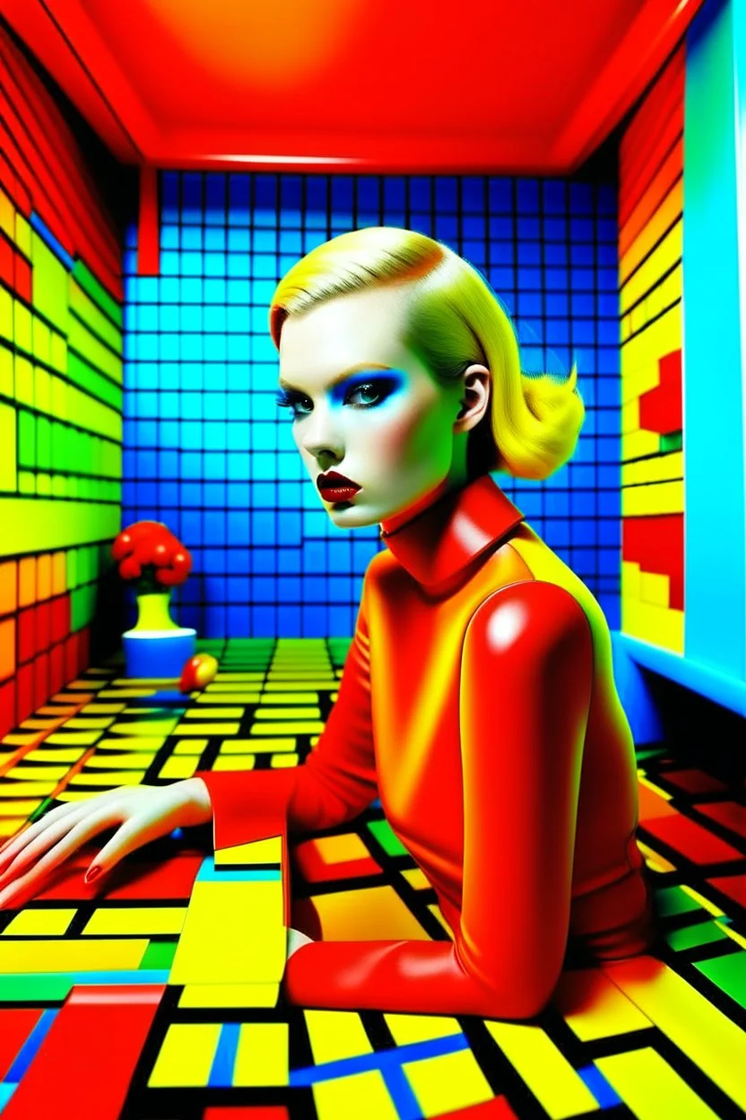 Female model, glasgow interior, editorial fashion, strong colours geometric shapes by miles aldridge