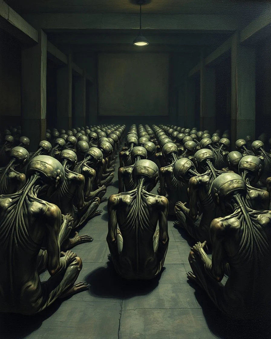Bosch painting style ,nightmare, a lot of aliens prisoners sitting on the floor in rows with hands tight to the back and heads down
