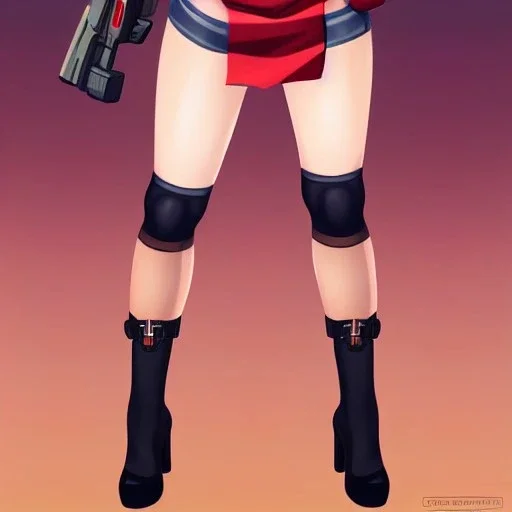 female soldier wearing miniskirt, wearing thighhighs, bare thighs, pretty face, red lips, pigtails hairstyle, full body shot, zoomed out, looking at camera, trending on artstation