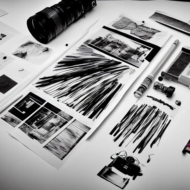 elements of photographic equipment. poster graphics. high detailed. ink and acrylic.