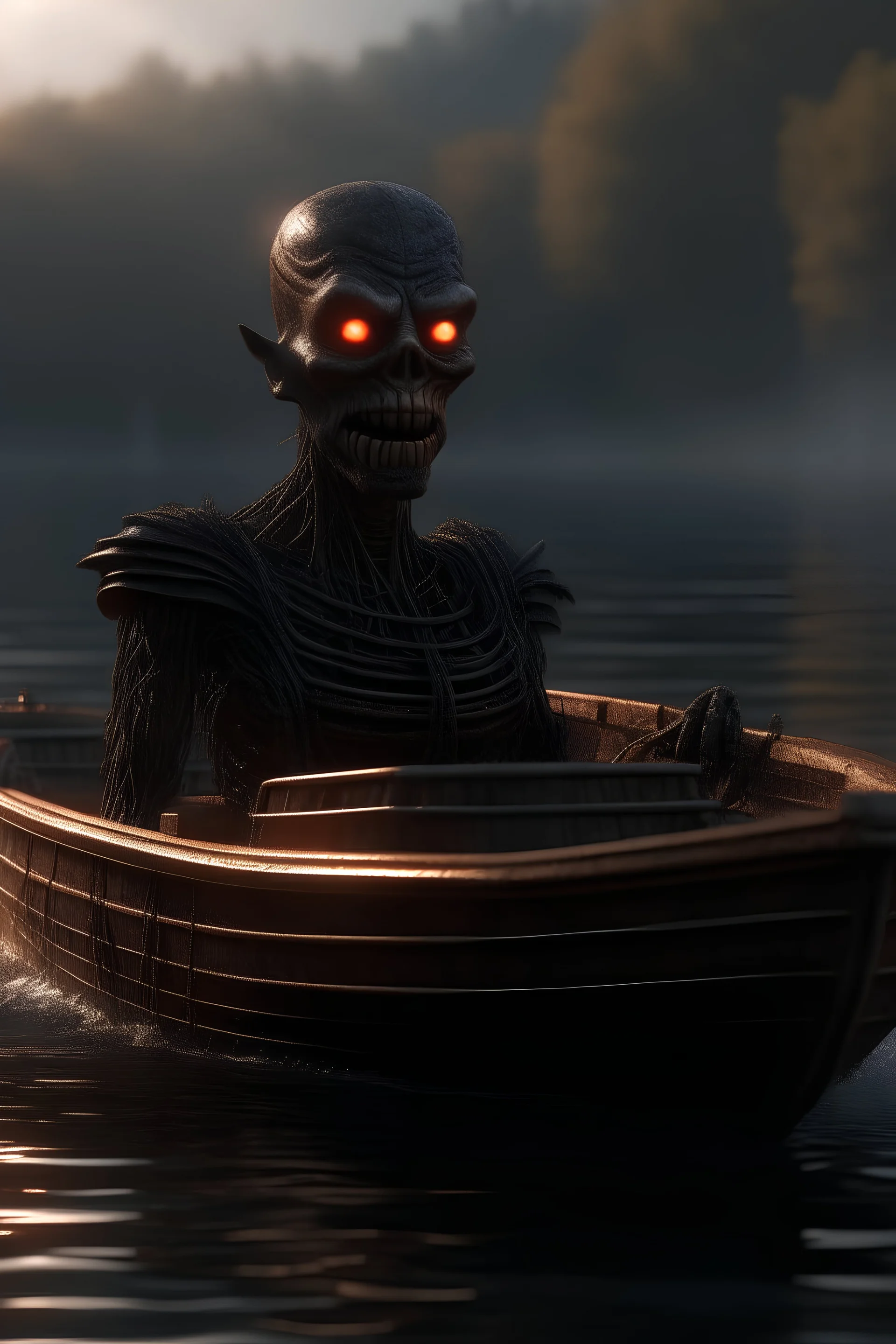 forbidden obsidian boat, charon robot that stares at us like we are the prettiest demon it has ever seen, its such a perfect day, motion blur, smoke, 8k, downlight, soft light, depth of field, photorealism, trending on art station, lotsa detail