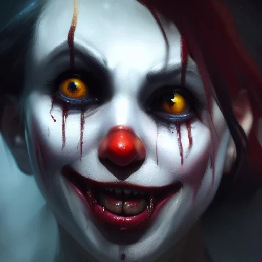 Greg Rutkowski, WLOP, Artgem, a photorealistic dramatic hyper-realistic crying creepy clown girl painting with crystal black eyes, elegantly beautiful dynamic shadows, Artstation,concept design art, Octane render,8K