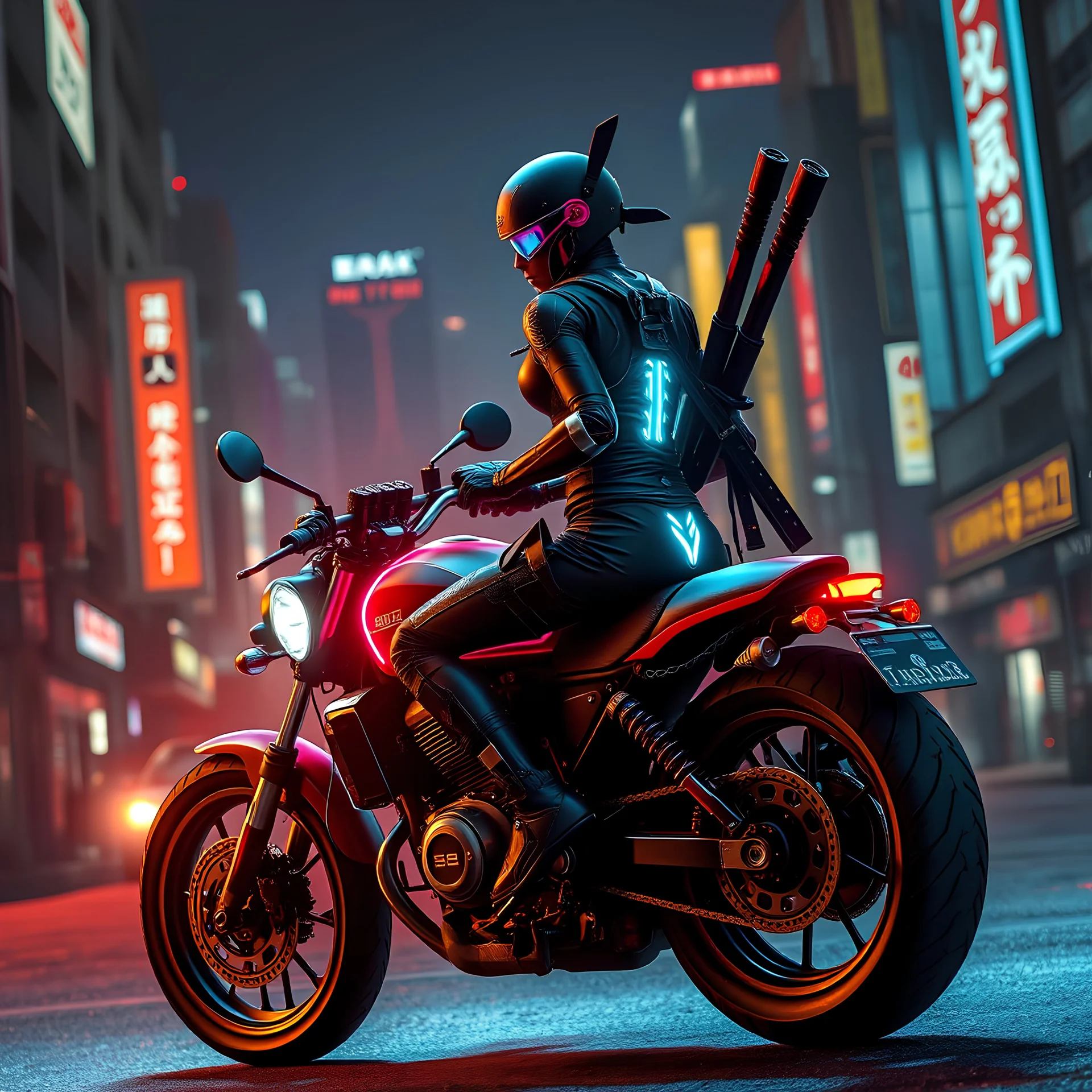 In a post-apocalyptic city at night, neon Asian cyborg ninja female warrior with katanas strapped to her back riding a road warrior style chopper