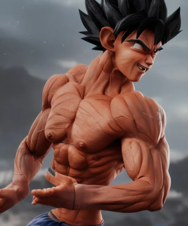 Goku, avatar style, fighting pose, muscular body, shirtless, volumetric details, hyper realism, unreal engine 5