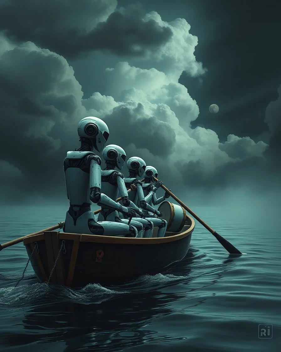Bosch painting style, nightmare , an Ai robots sitting lined up in line one after another holding The boat's oars and rowing it . One robot in front of the boat with a drum , great quality picture with cinematic scenes , heavy clouds in the background