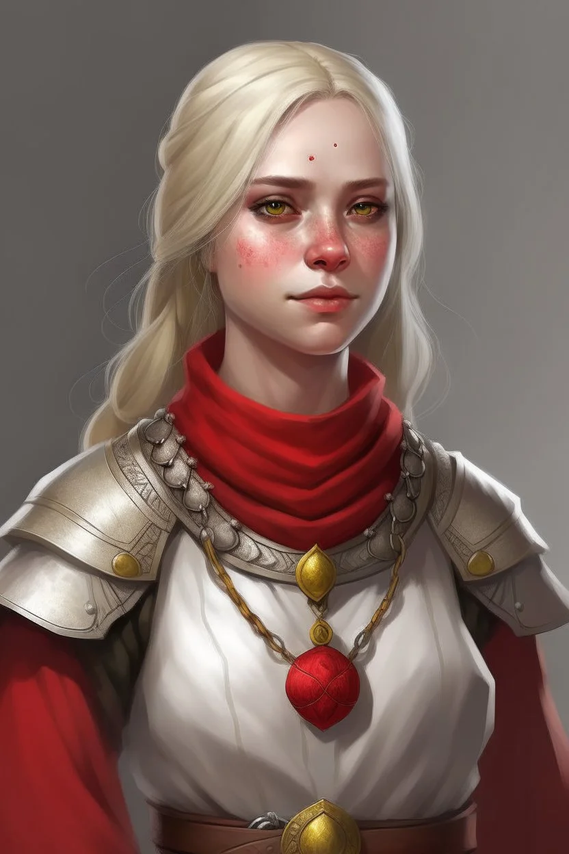 young blonde grey-eyed female human cleric with a necklace of red beads, wearing scale mail