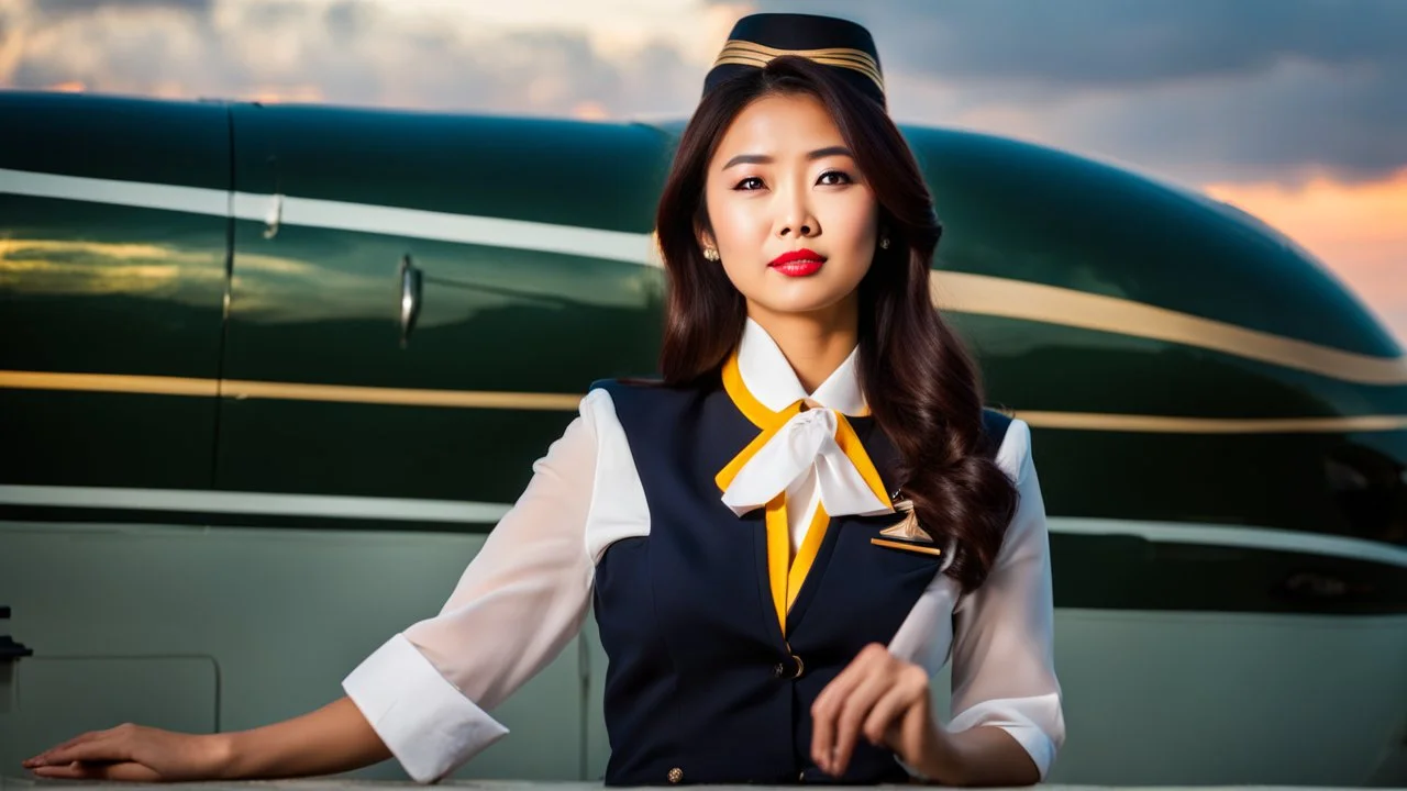 A gorgeous Asian model in an air hostess uniform looking out of the window at sunset