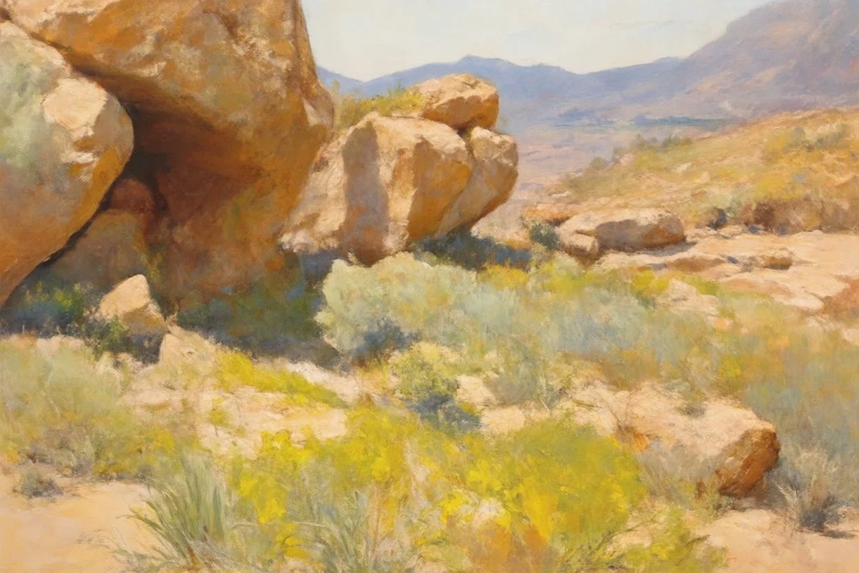 Sunny day, rocks, big rocks, vegetations, distant mountains, sci-fi, willem maris, and camille pissarro paintings