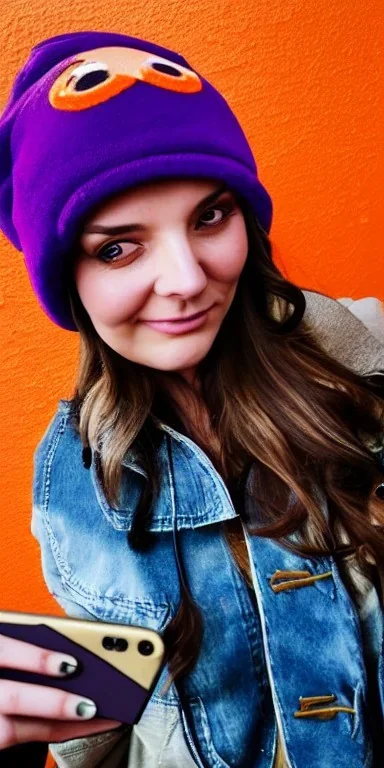 Brunette taking selfie.thick thighs,thick calves,flat belly,curvy fell. big head. Mantle is sewed of upcycled Denim and sewed together of camouflage pieces. Pieces' color are orange, cream and purple. It is with big bright purple felt tippet and birght-colored-hood is merged with colorful beanie. Big colored headphones (gold rings!) is merged with small felt cap with small visor. Style: Haute Couture in 1950's Africa, N.Y.C fashion in 2023