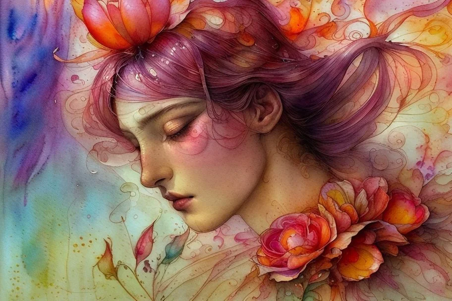 woman in bubblebath, wet on wet + sunrise, petals, watercolor patchwork by Daniel Merriam, Josephine Wall. elegant beautiful watercolor aquarelle