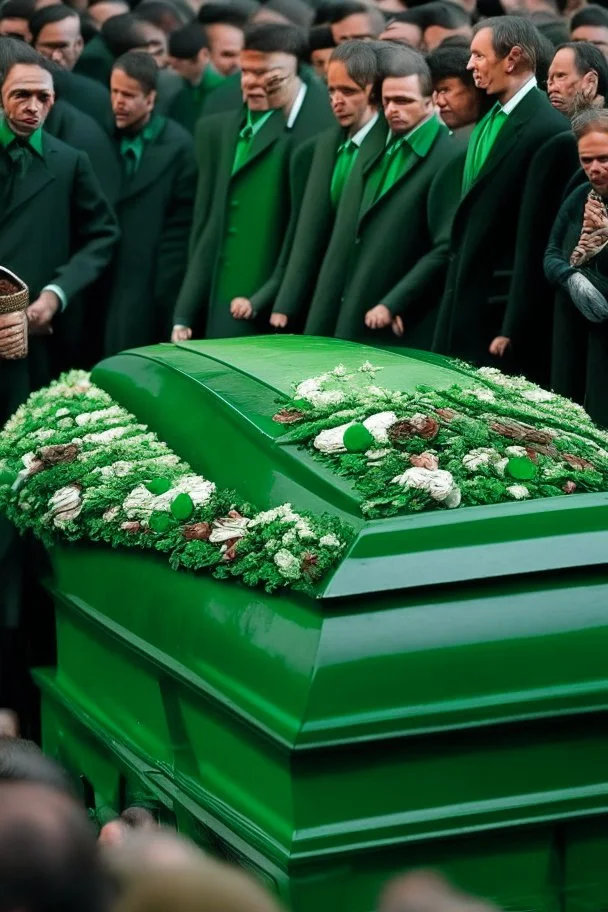 A funeral where a lot of people carry green coffins with high-quality detail and precision .