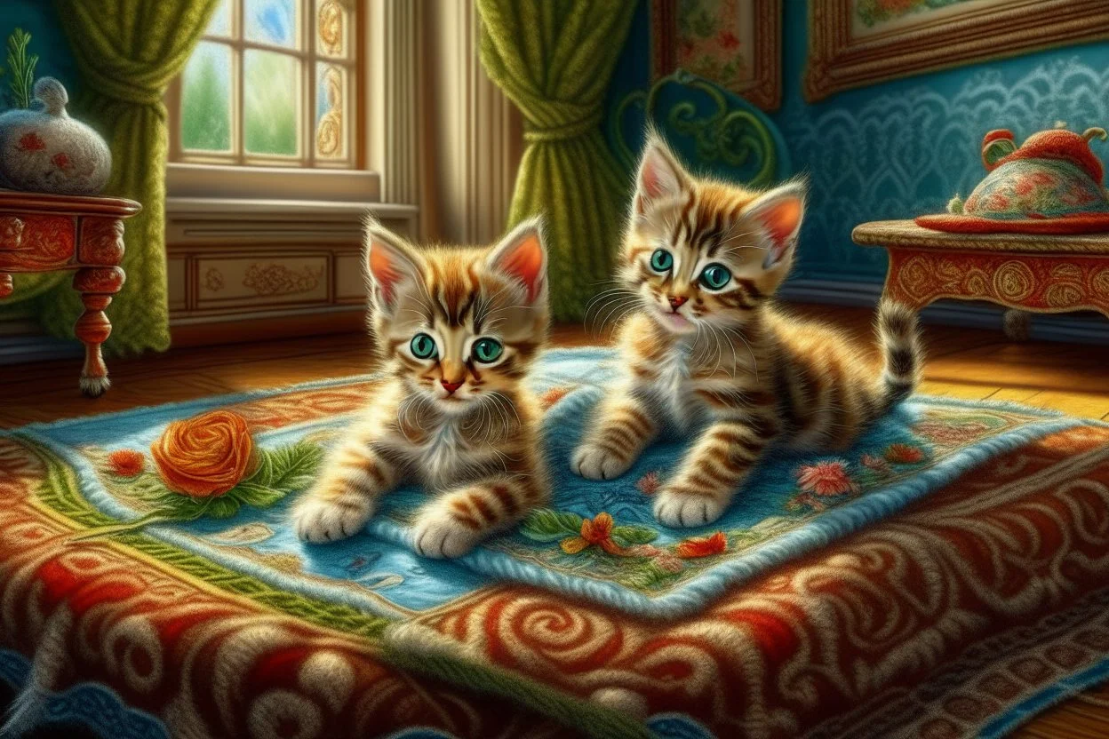 Hand sewn and embroidered extremely cute kittens, threads, sewing needles and a pair of scissors on a table on lace blanket in a luxury bedroom, centre, bold colours elegant fantasy 8k beautiful dynamic lighting award winning imperial colors hyperrealistic ultra detailed 4K 3D high definition crisp quality colourful hdr in sunshine