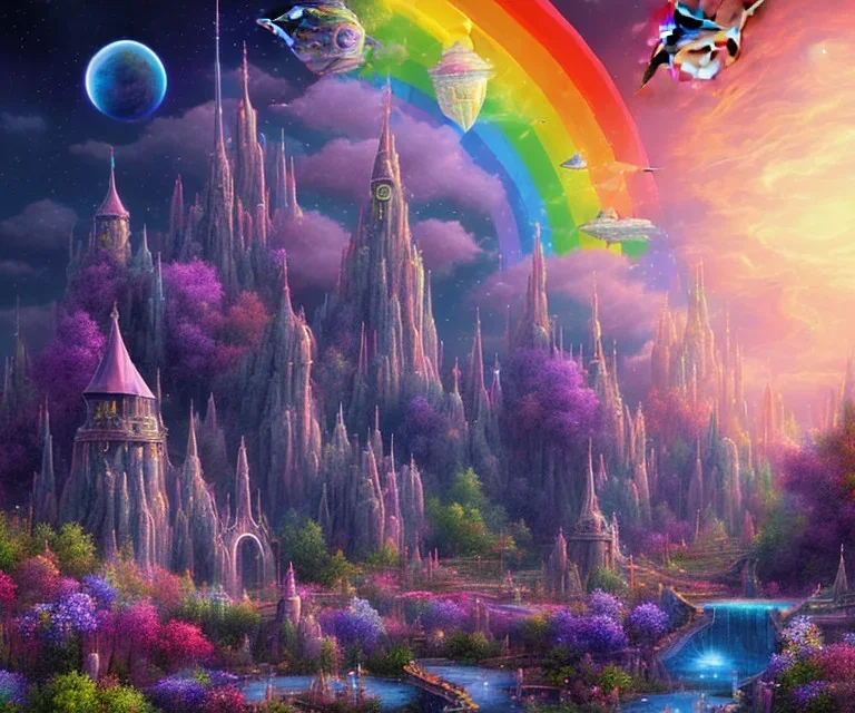 cielo cosmico insieme al mondo fantasy, astronavi tra le stelle prati pieni di fiori colorati,(arcobaleno) con un castello con piscine e cascate