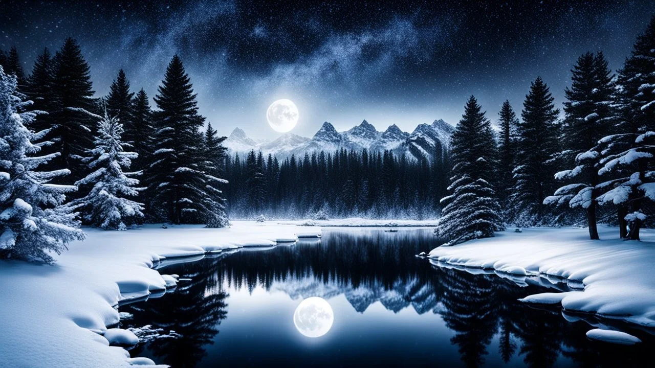 A mystical winter night scene; dark pine trees surround a snow-covered lake, reflecting the moonlight. Snowflakes twirl through the air, enchanting the serene winter forest.