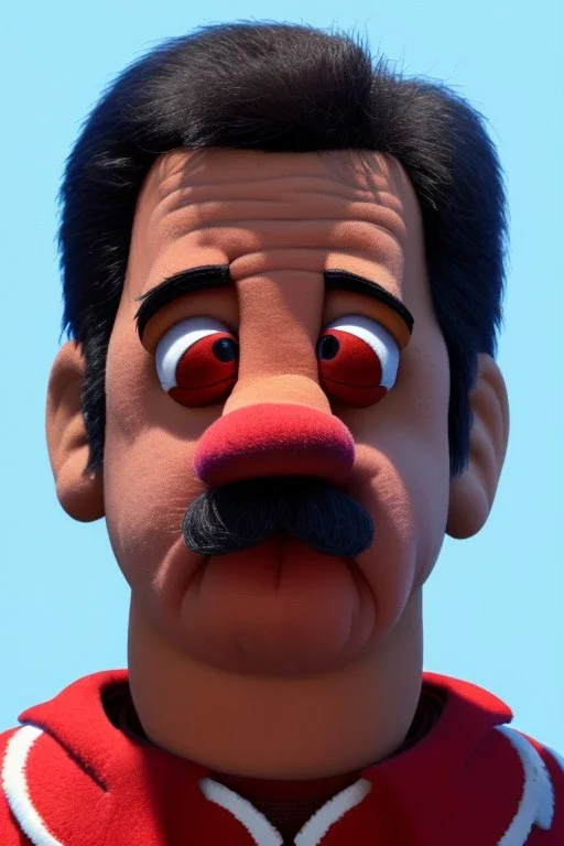 Waist up muppet Portrait, Nicolas maduro us muppet doll, Venezuelan president, tracksuit red blue and yellow, mustache, photo studio, red background, unreal engine 5, concept art, art station, ray tracing, lumen lighting, ultra detail, volumetric lighting, 3d.