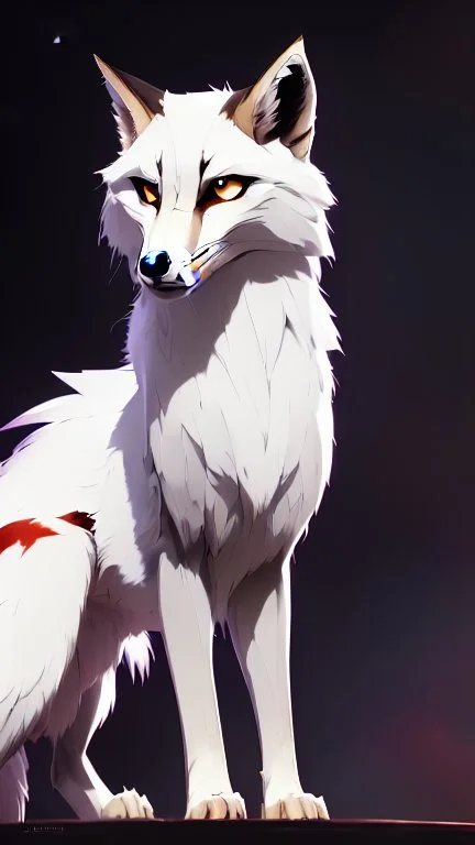 feral, White fur, Werewolf, Red eyes, character, full body portrait, expert, insanely detailed, 4k resolution, cinematic smooth, intricate detail, fluffy, award wining portrait, fox, anthropomorphic fox, werefox, male