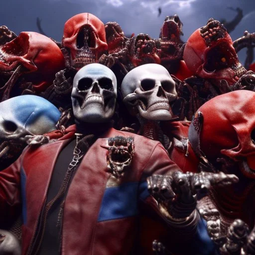 a picture of a dark, comedic, anatomically correct wall of red white and blue tightly packed stacked cyborg skulls of varying sizes and expressions, photo realistic, insanely meticulous, highly detailed, part of a collection of bones on display, 64k, dystopian, vray