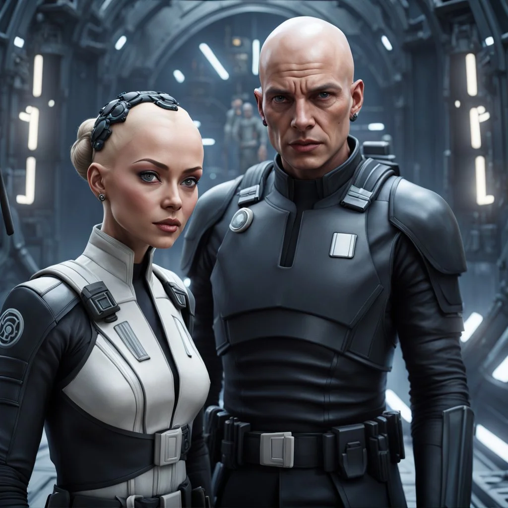 a bold and heroic bald male Corellian pilot in black and metallic grey First Order special forces gear meets a female Jedi Master in ancient, mystical temple, hyperdetailed, dynamic lighting, hyperdetailed background, 8k resolution, volumetric lighting, light skin, fully symmetric details