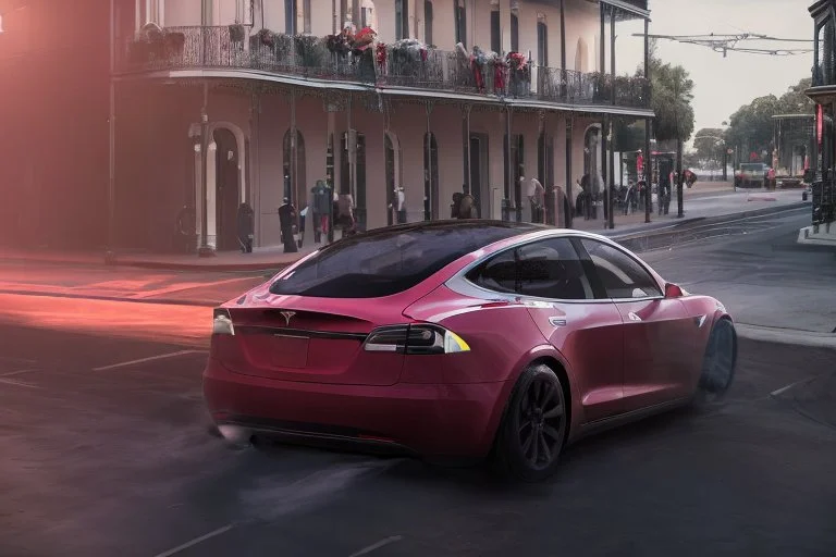 A Tesla 'Model S' is drifting at high speeds, on the streets of New Orleans. (CINEMATIC, WIDE ANGLE LENS, PHOTO REAL)