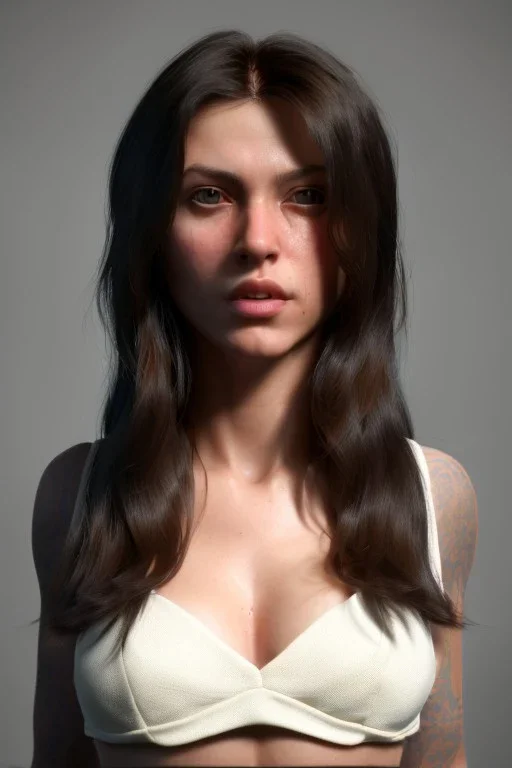 Ultra Realistic image, 25 years old brunette woman, Madrid, portrait, small stature, 1,54 cm tall, 50 kg weight, small chest, yakuza body tattoo, vibrant color, highly detailed, art stations, concept art, smooth, unreal engine 5, god rays, ray tracing, RTX, lumen lighting, ultra detail, volumetric lighting.