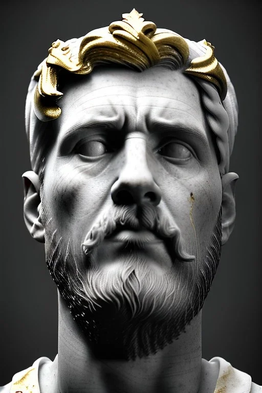 Ultra Realistic image, classical renaissance sculpture, white marble and gold material, Lionel Messi, emperor style, gold Laurel leaves crown, chisel style, waist up portrait, epic, celestial, cinematic lighting, God light, god rays, 4k resolution, smooth details, ornate details, soft lighting, unreal engine 5, sky background.