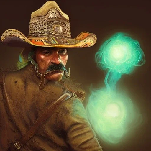 Insanely detailed photograph of an “ a mustachioed midevil cowboy warrior "with worn Sombrero, handsome charo,cigar,glowing bluish green orb in outstretched hand, hyperdetailed painting by Ismail Inceoglu Huang Guangjian and Dan Witz CGSociety ZBrush Central fantasy art album cover art,8K, hdr, mysterious, flickeringlights ,Stoic