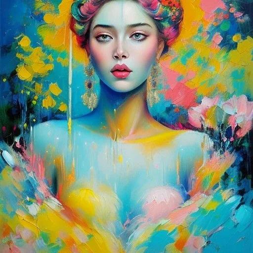 iv_a painting of a young woman, figurative art, an acrylic detailed painting, , brush strokes, paint drips and drabs and splatters by Elaine de Kooning and Bryen Frost, pexels, turquoise pink and yellow, james terrell art, blue background by Harumi Hironaka, trending on artstation, soft lines, paint drips and drabs and splatters by jana brike, fauvism, highly detailed sharp focus smooth elegant illustration by artgerm dreamy and ethereal intricate art by bastien lecouffe deharme and greg rutk