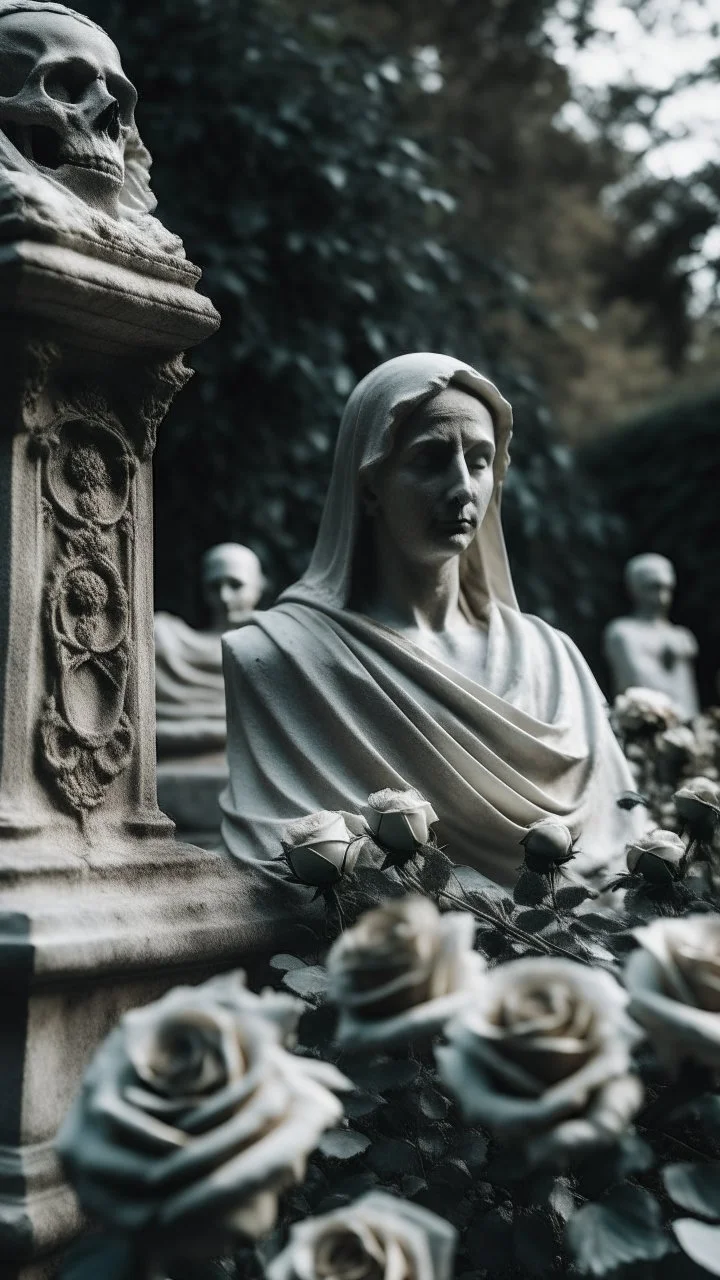 A grave with a statue of a woman behind it, and above it a white lace scarf and white roses. Cinematic picture